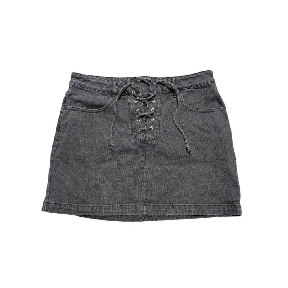 Kendall & Kylie Black Mid Rise Mini Criss Cross Drawstring Womens Denim Skirt 28